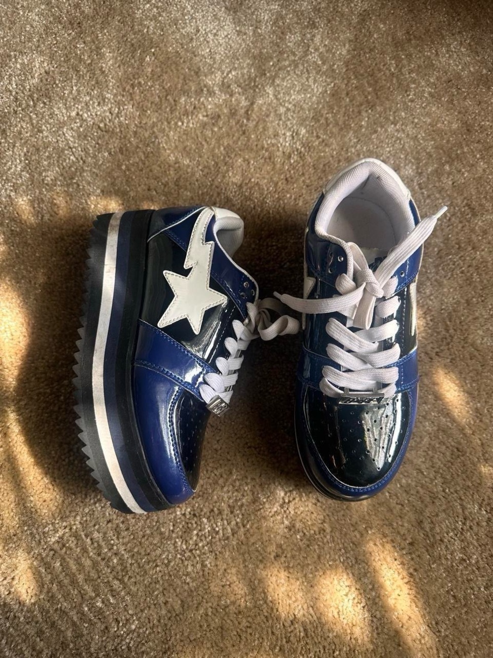 Bape Navy Blue Patent Leather Star Platform Sneakers - White Star